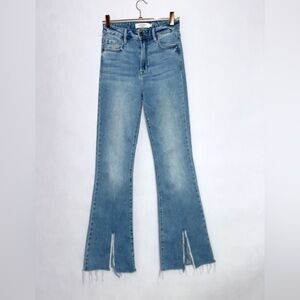 Hidden Women's Happie High Rise Flare w Slit Jeans Sz 25 blue 100%cotton Raw Hem
